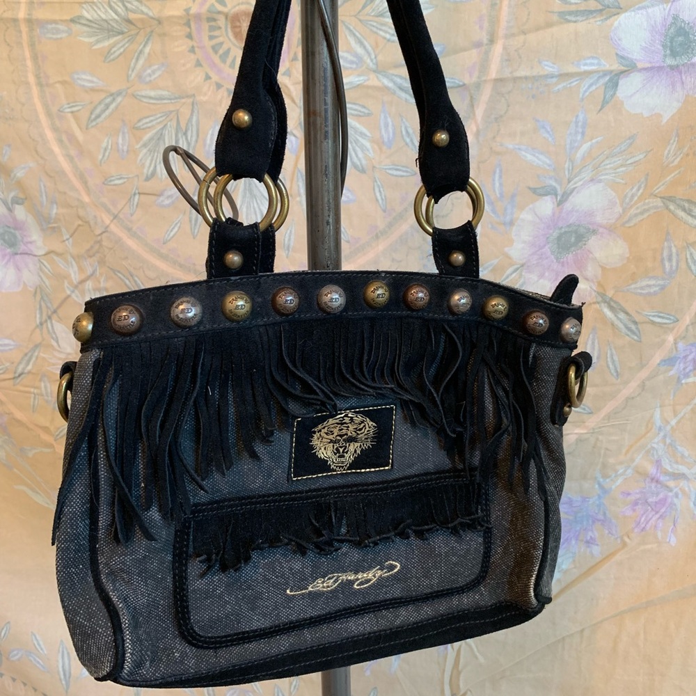 Ed hardy leather fringe biker bag